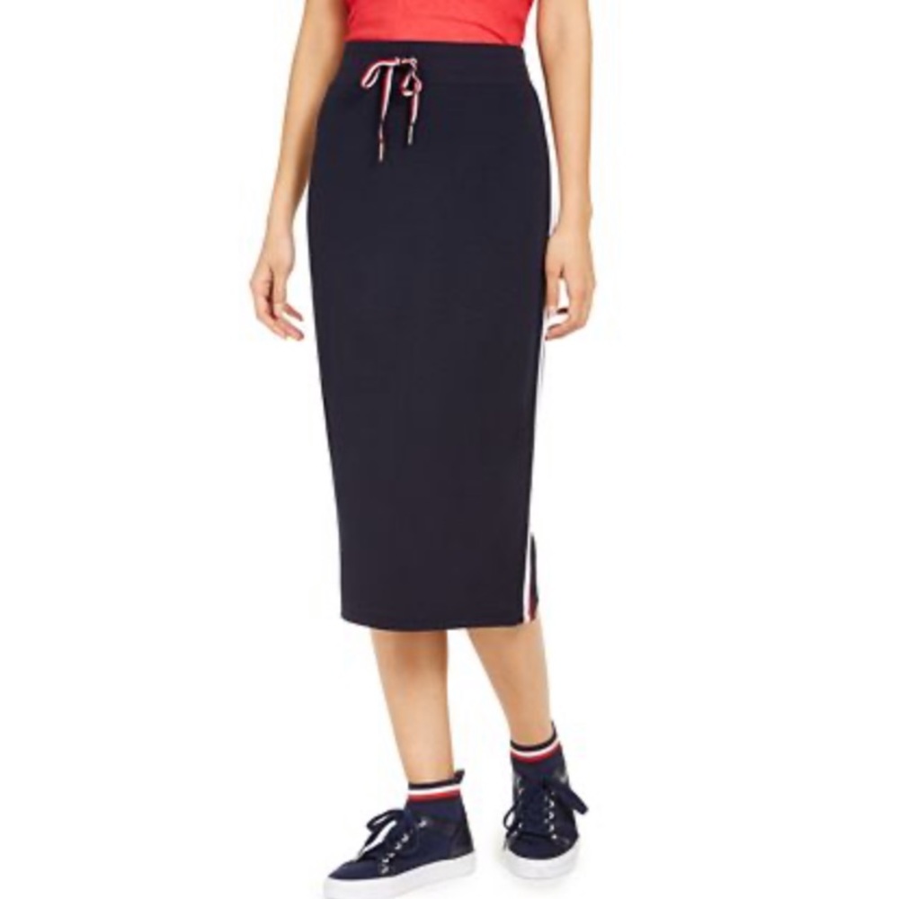 Tommy Hilfiger M Blue Red Drawstring Midi Skirt